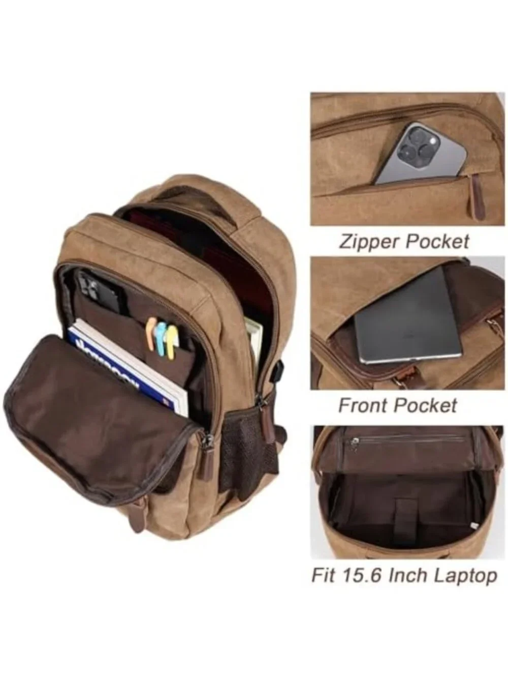 Vintage Canvas Laptop Backpack with USB Port, Travel Rucksack for College